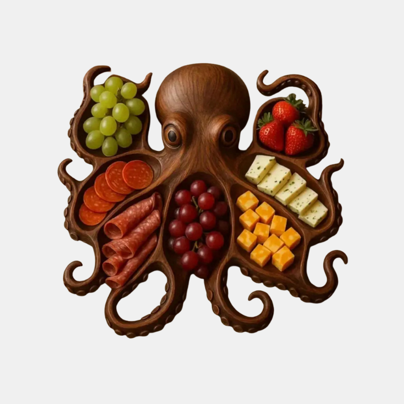 Rustic Octopus Charcuterie Platter – Unique Wooden Serving Board for Snacks