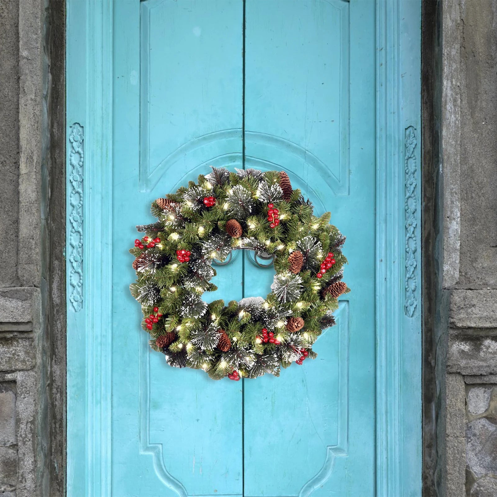 Artificial Christmas Wreath with Warm Lights – Festive Door Decor for Holidays 2
