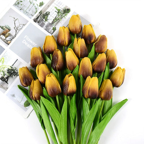 Artificial Tulip Bouquet for Home and Weddings – Lifelike Floral Decoration-Tulip Bouquet-Unique Casa-10 Pieces-Brown Yellow-Unique Casa