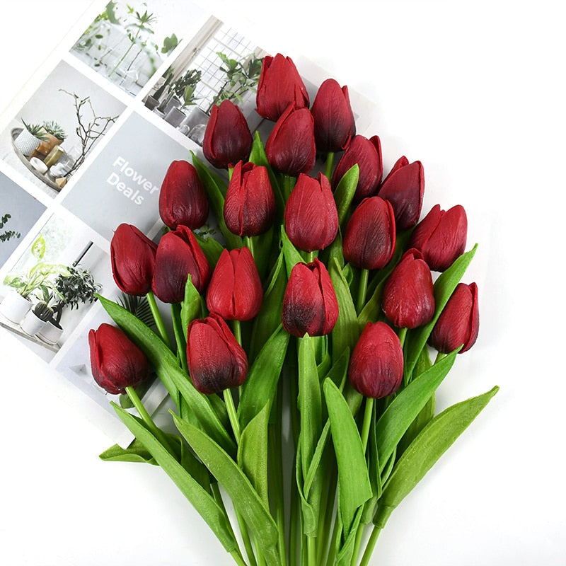 Artificial Tulip Bouquet for Home and Weddings – Lifelike Floral Decoration-Tulip Bouquet-Unique Casa-10 Pieces-Dark Red-Unique Casa