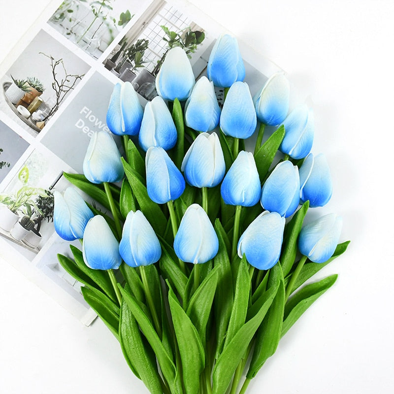 Artificial Tulip Bouquet for Home and Weddings – Lifelike Floral Decoration-Tulip Bouquet-Unique Casa-10 Pieces-Light Blue White-Unique Casa