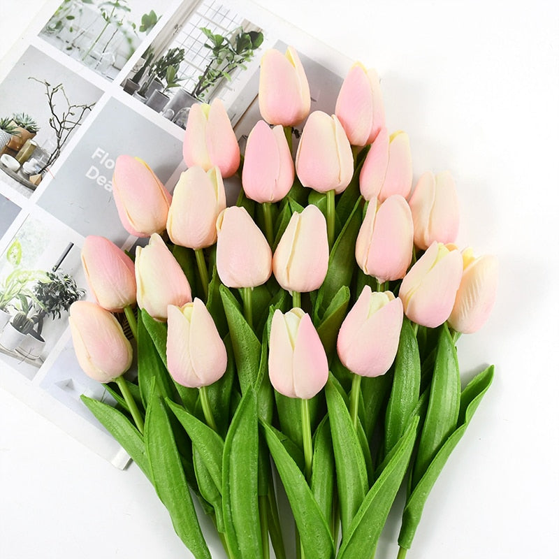 Artificial Tulip Bouquet for Home and Weddings – Lifelike Floral Decoration-Tulip Bouquet-Unique Casa-10 Pieces-Light Pink With Yellow Accents-Unique Casa