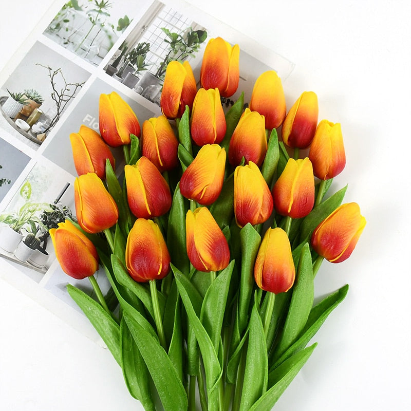 Artificial Tulip Bouquet for Home and Weddings – Lifelike Floral Decoration-Tulip Bouquet-Unique Casa-10 Pieces-Orange Red-Unique Casa