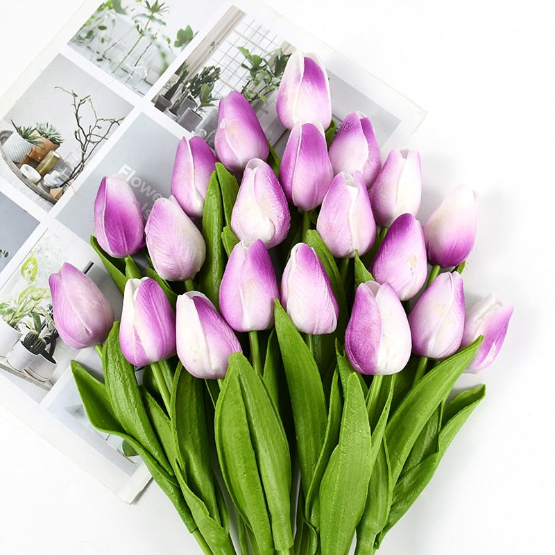 Artificial Tulip Bouquet for Home and Weddings – Lifelike Floral Decoration-Tulip Bouquet-Unique Casa-10 Pieces-Purple White-Unique Casa