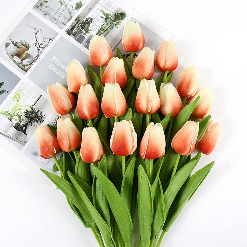 Artificial Tulip Bouquet for Home and Weddings – Lifelike Floral Decoration-Tulip Bouquet-Unique Casa-10 Pieces-White Orange-Red-Unique Casa