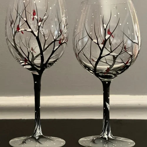 Four Seasons Tree Wine Glasses Hand-Painted Artistic Design For Elegant Sipping-Glassware-Unique Casa-Winter-Glass with stem-Unique Casa