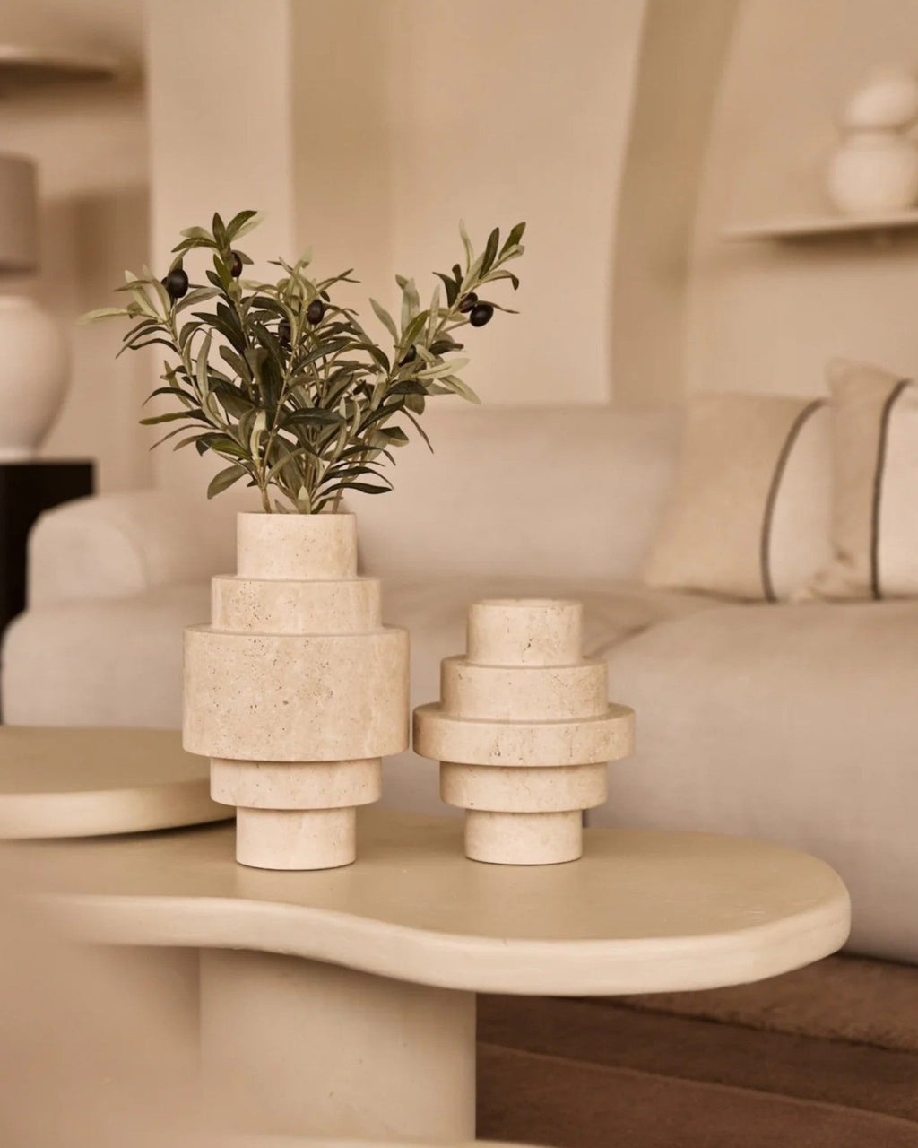 Beige Travertine Floor Vase – Geometric Modern Design-Vase-Unique Casa