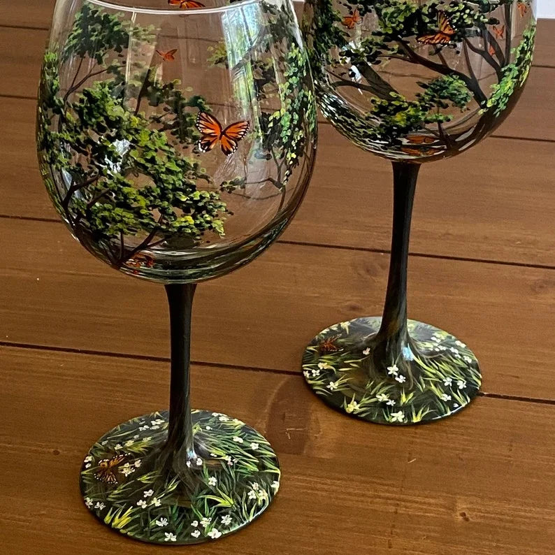 Four Seasons Tree Wine Glasses Hand-Painted Artistic Design For Elegant Sipping-Glassware-Unique Casa-Spring-Glass with stem-Unique Casa