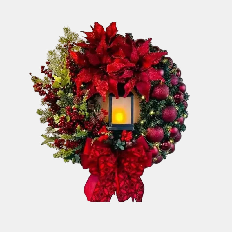 Christmas Door Wreath with Lantern and Bow – Festive Holiday Decor for Home 0