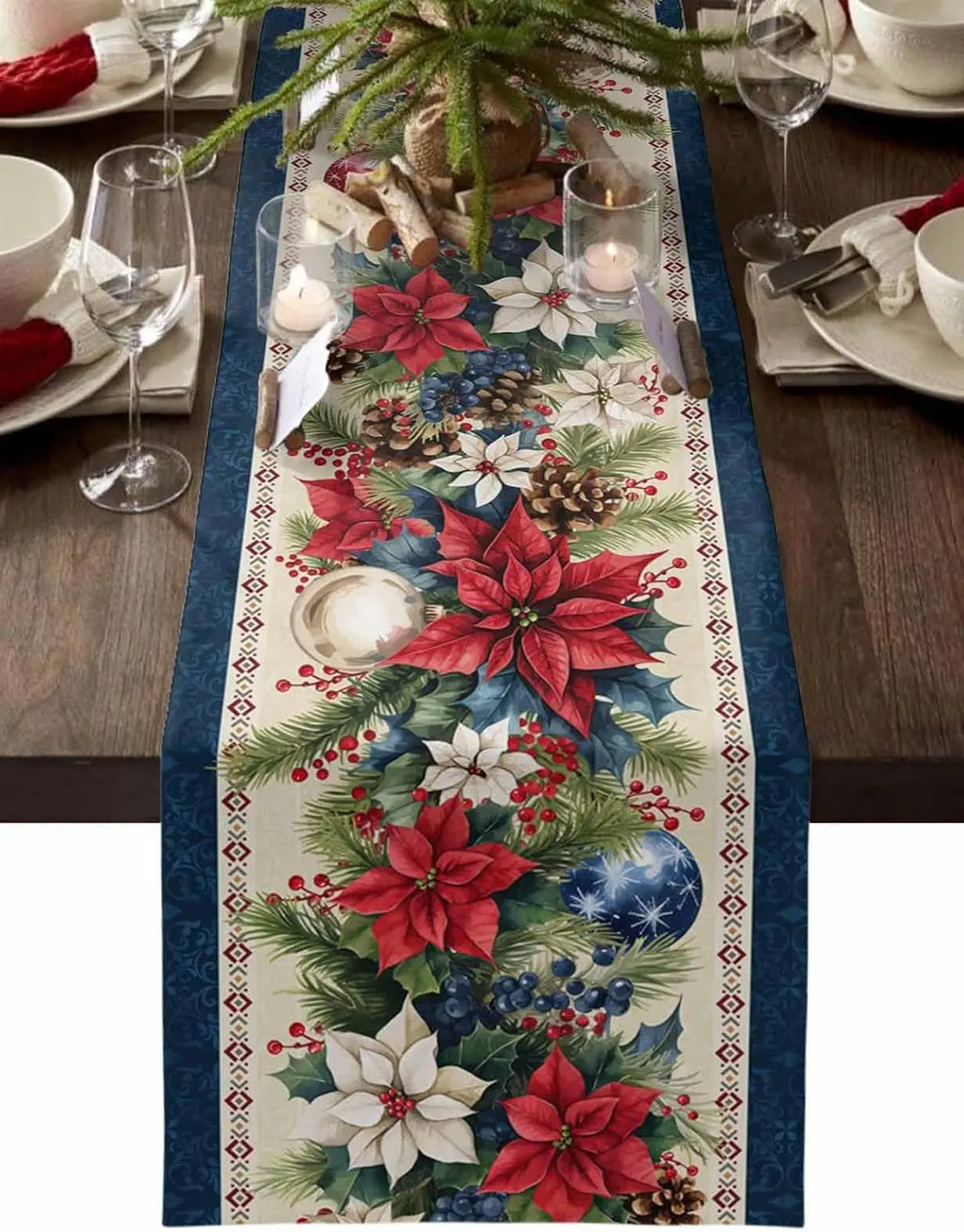 Christmas Table Runner – Linen Poinsettia Design for Holiday Dining Decor 6