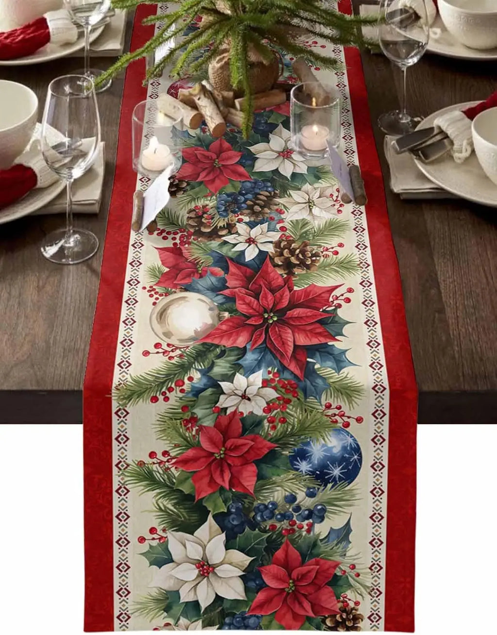 Christmas Table Runner – Linen Poinsettia Design for Holiday Dining Decor 0