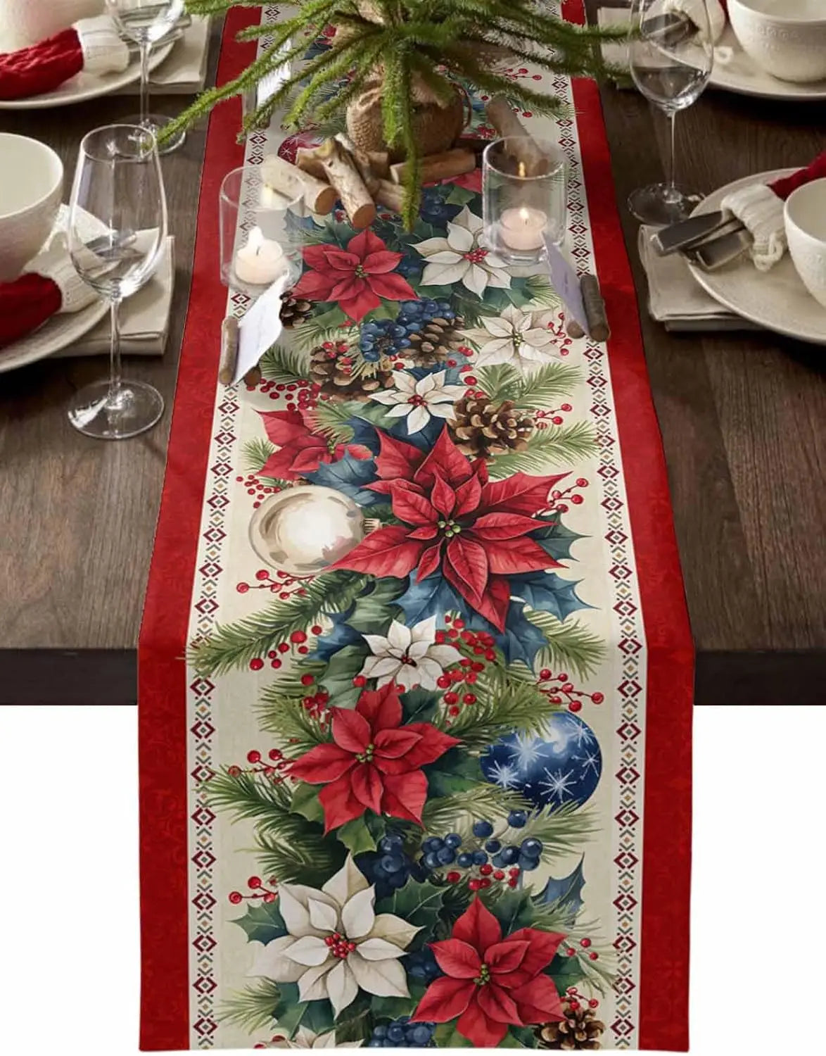 Christmas Table Runner – Linen Poinsettia Design for Holiday Dining Decor 0