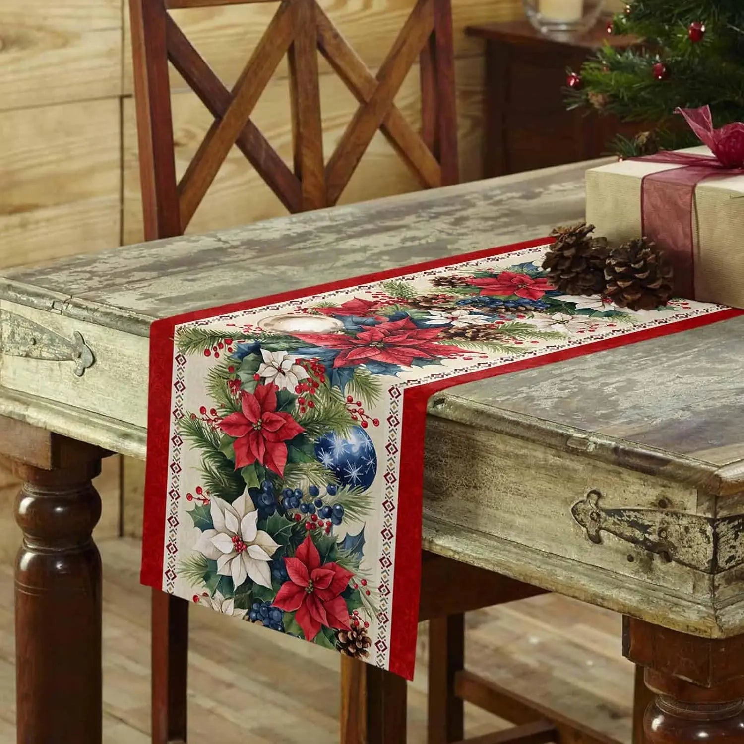 Christmas Table Runner – Linen Poinsettia Design for Holiday Dining Decor 1