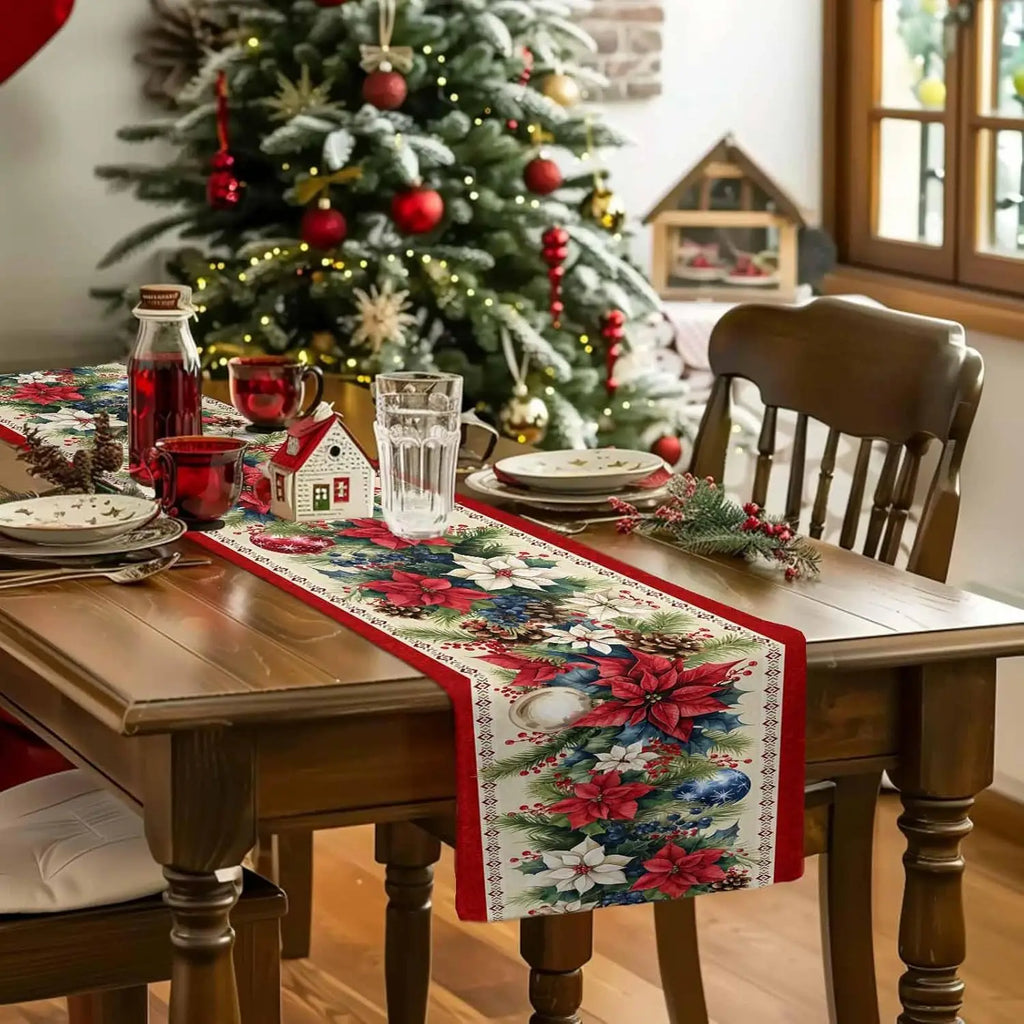 Christmas Table Runner – Linen Poinsettia Design for Holiday Dining Decor 3