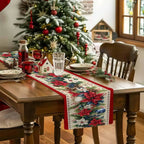 Christmas Table Runner – Linen Poinsettia Design for Holiday Dining Decor 3