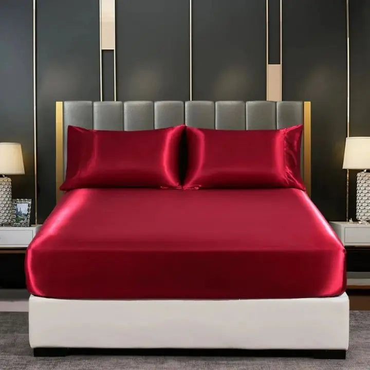 Cooling Ice-Silk Bed Set – Breathable Wrinkle-Free Bedding for Hot Sleepers-Bed Sheet Set-Unique Casa-Wine Red-Queen Bed (152x203 cm)-Unique Casa
