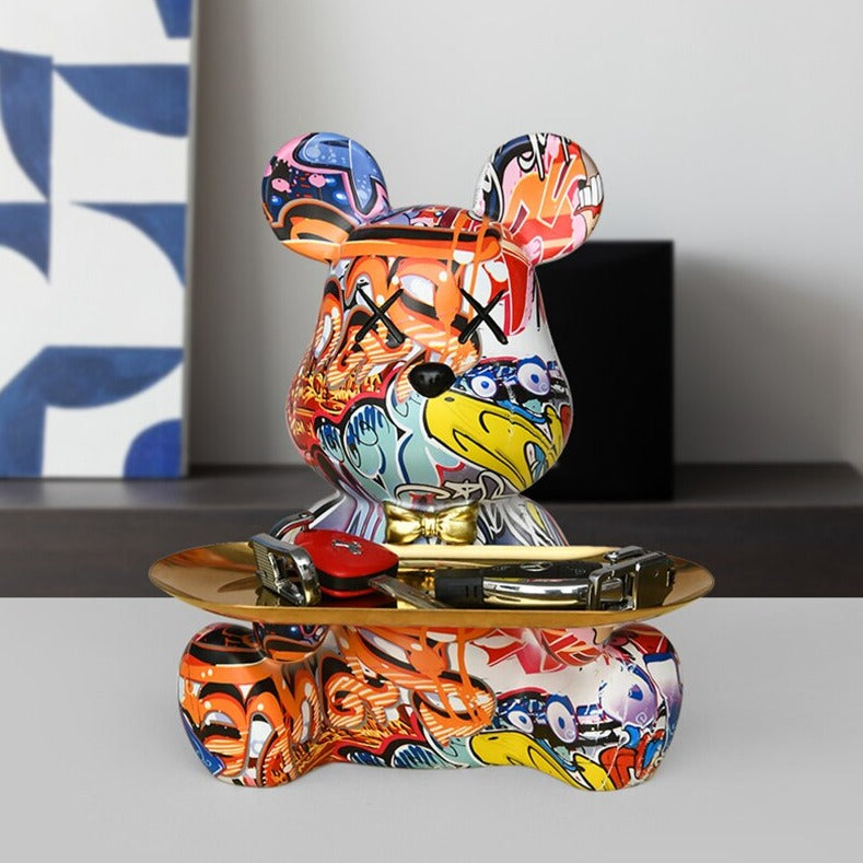 Decorative Tray with Bear Sculpture – Unique Graffiti Art for Home Decor 0