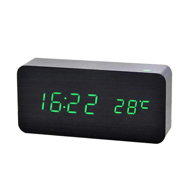 Digital Wooden Alarm Clock with LED Display – Natural Home Desk Clock-Wall Clocks-Unique Casa-Black/green LED-Unique Casa