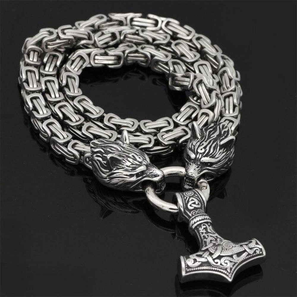 Double Wolf Head & Mjolnir Necklace – Symbol of Strength and Protection-Jewelry-Unique Casa-Silver - Wolf and Mjolnir-70 cm-Unique Casa