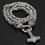 Double Wolf Head & Mjolnir Necklace – Symbol of Strength and Protection-Jewelry-Unique Casa-Silver - Wolf and Mjolnir-70 cm-Unique Casa