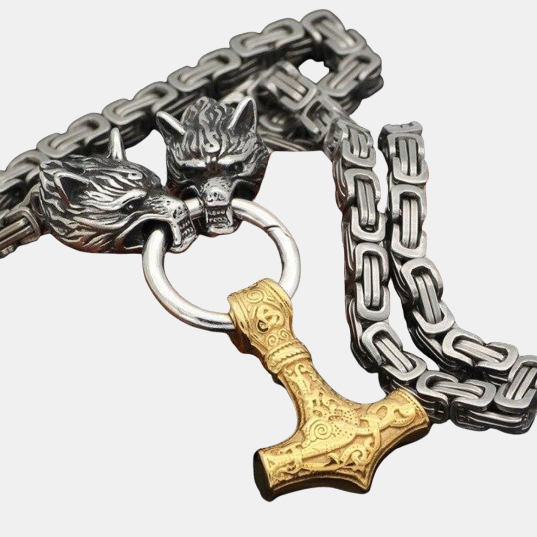 Double Wolf Head & Mjolnir Necklace – Symbol of Strength and Protection-Jewelry-Unique Casa-Silver Wolf Necklace - Gold Mjolnir-70 cm-Unique Casa