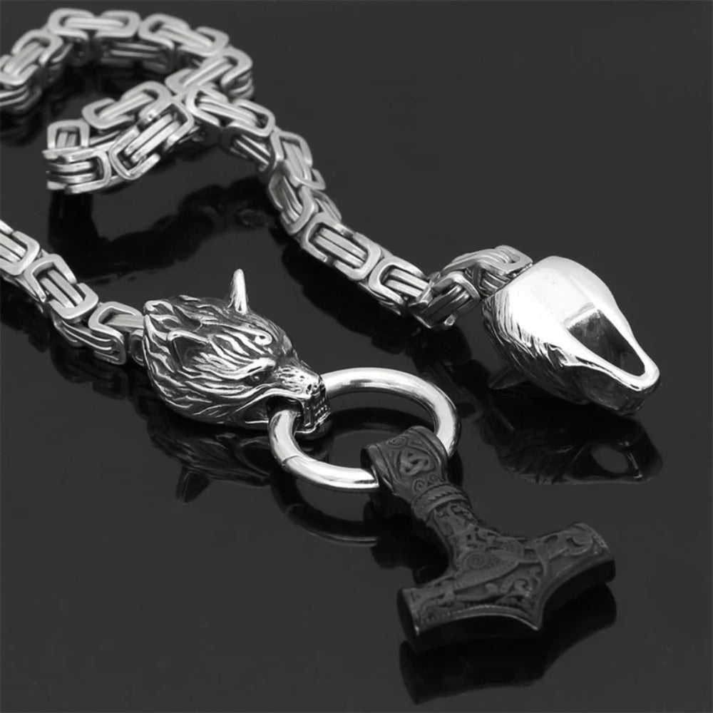 Double Wolf Head & Mjolnir Necklace – Symbol of Strength and Protection-Jewelry-Unique Casa-Unique Casa