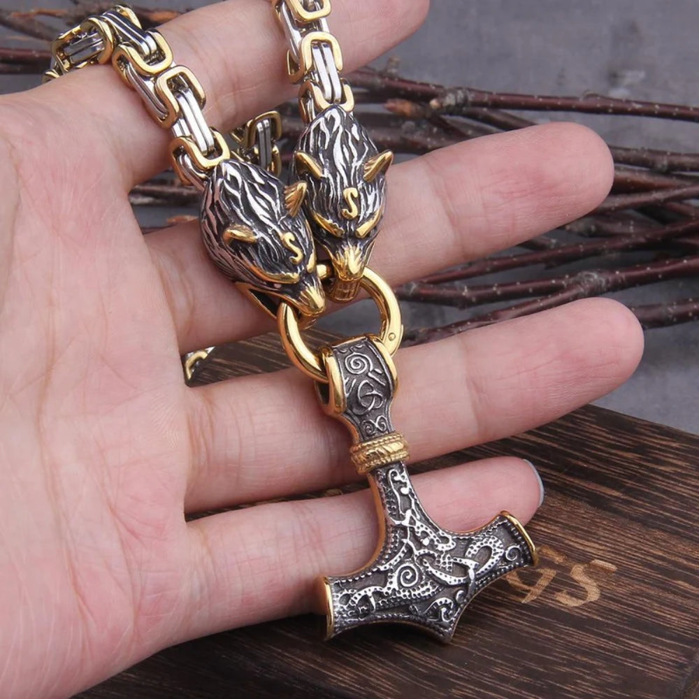 Double Wolf Head & Mjolnir Necklace – Symbol of Strength and Protection-Jewelry-Unique Casa-Unique Casa