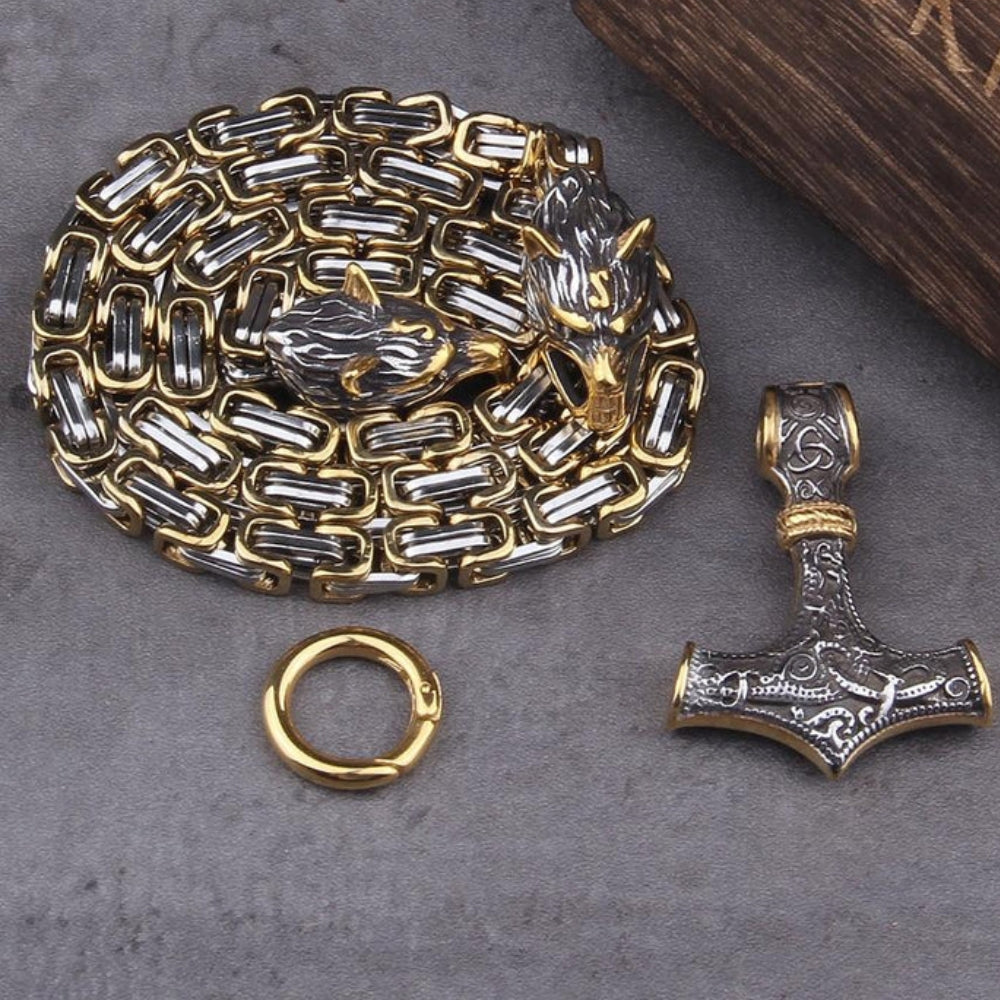 Double Wolf Head & Mjolnir Necklace – Symbol of Strength and Protection-Jewelry-Unique Casa-Unique Casa