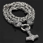 Double Wolf Head & Mjolnir Necklace – Viking Stainless Steel Jewelry-Necklace-Unique Casa-All Silver Steel, Wolf/Chain/Mjolnir-60 cm-Unique Casa