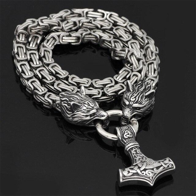 Double Wolf Head & Mjolnir Necklace – Viking Stainless Steel Jewelry-Necklace-Unique Casa-All Silver Steel, Wolf/Chain/Mjolnir-60 cm-Unique Casa
