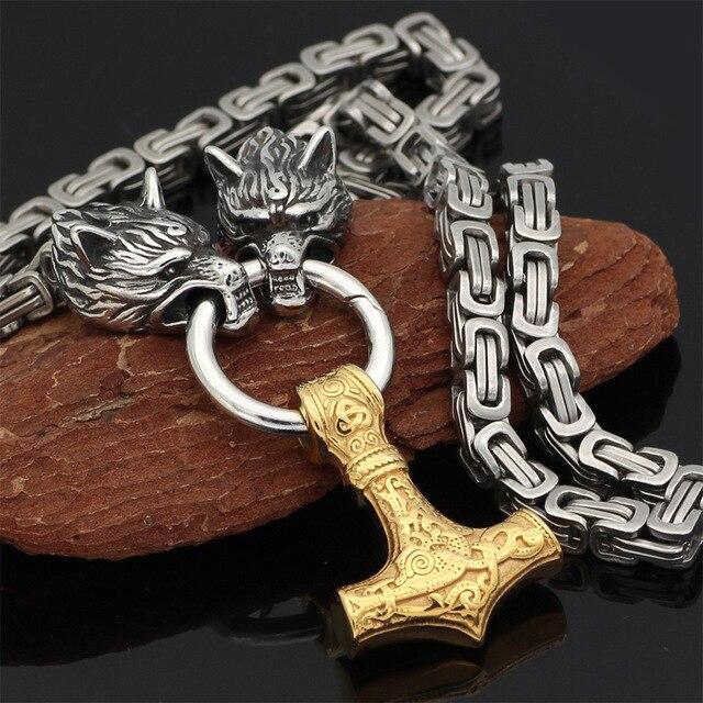 Double Wolf Head & Mjolnir Necklace – Viking Stainless Steel Jewelry-Necklace-Unique Casa-Silver Chain, Wolf/Gold Hammer-60 cm-Unique Casa