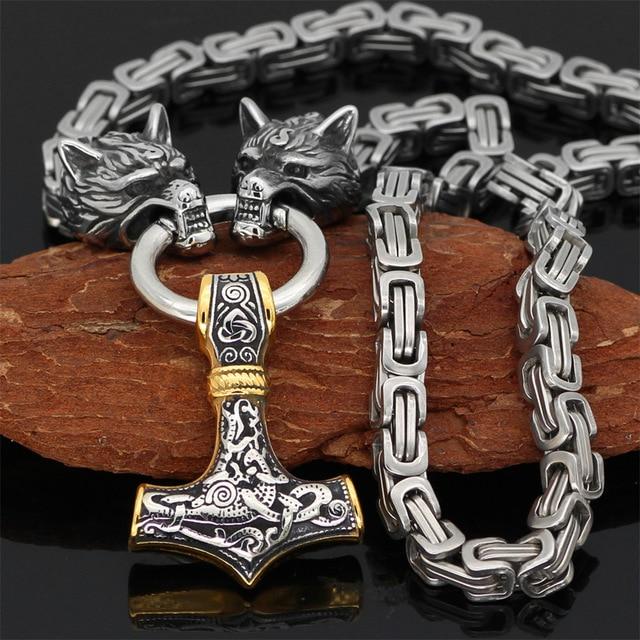 Double Wolf Head & Mjolnir Necklace – Viking Stainless Steel Jewelry-Necklace-Unique Casa-Silver Wolf/Chain & Silver-Gold Mjolnir-60 cm-Unique Casa