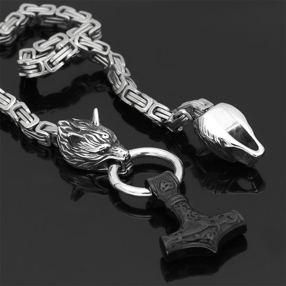 Double Wolf Head & Mjolnir Necklace – Viking Stainless Steel Jewelry-Necklace-Unique Casa-Unique Casa