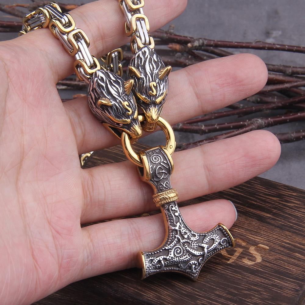 Double Wolf Head & Mjolnir Necklace – Viking Stainless Steel Jewelry-Necklace-Unique Casa-Unique Casa