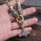 Double Wolf Head & Mjolnir Necklace – Viking Stainless Steel Jewelry-Necklace-Unique Casa-Unique Casa