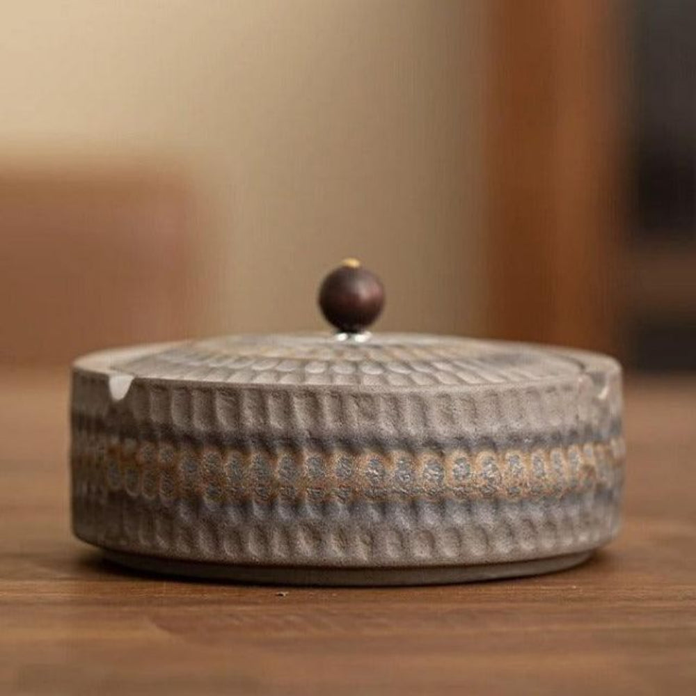 Handcrafted Ceramic Ashtray with Wooden Lid for Home and Patio-Decoration-Unique Casa-Beige-Unique Casa