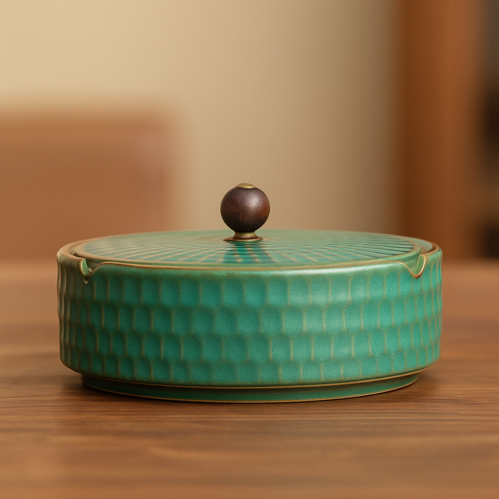 Handcrafted Ceramic Ashtray with Wooden Lid for Home and Patio-Decoration-Unique Casa-Green-Unique Casa