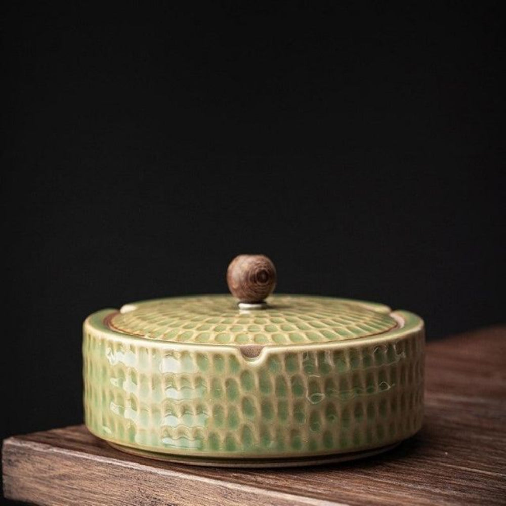 Handcrafted Ceramic Ashtray with Wooden Lid for Home and Patio-Decoration-Unique Casa-Sage Green-Unique Casa