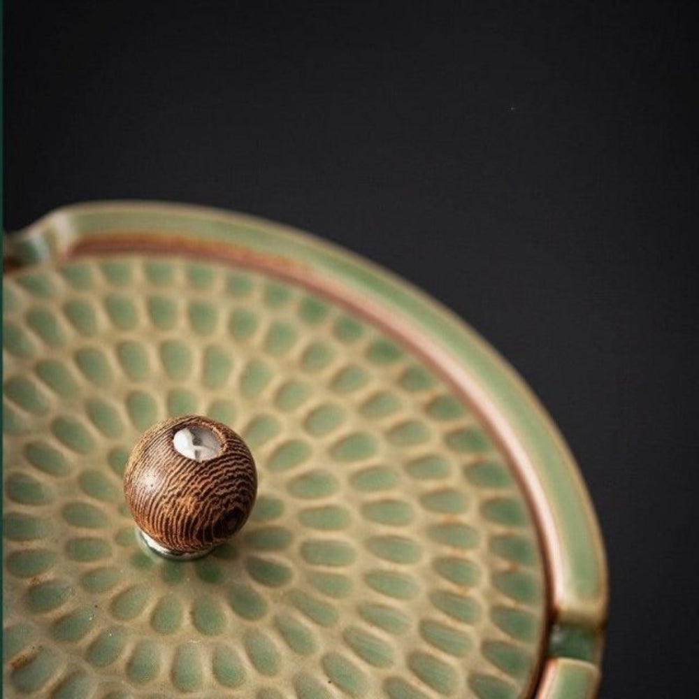 Handcrafted Ceramic Ashtray with Wooden Lid for Home and Patio-Decoration-Unique Casa-Unique Casa