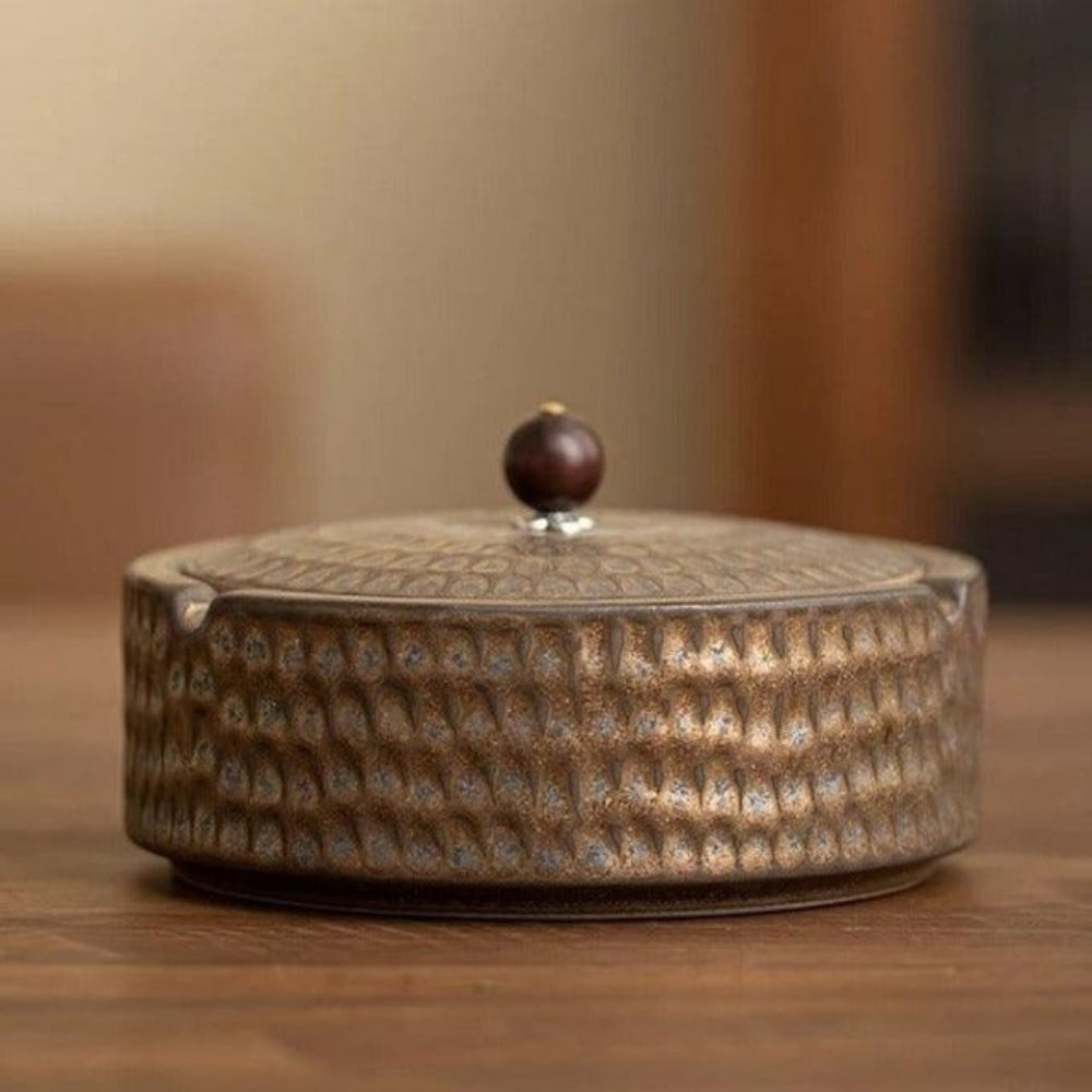 Handcrafted Ceramic Ashtray with Wooden Lid for Home and Patio-Decoration-Unique Casa-Unique Casa