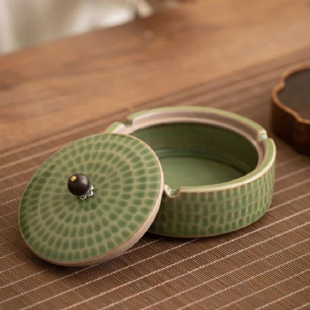Handcrafted Ceramic Ashtray with Wooden Lid for Home and Patio-Decoration-Unique Casa-Unique Casa