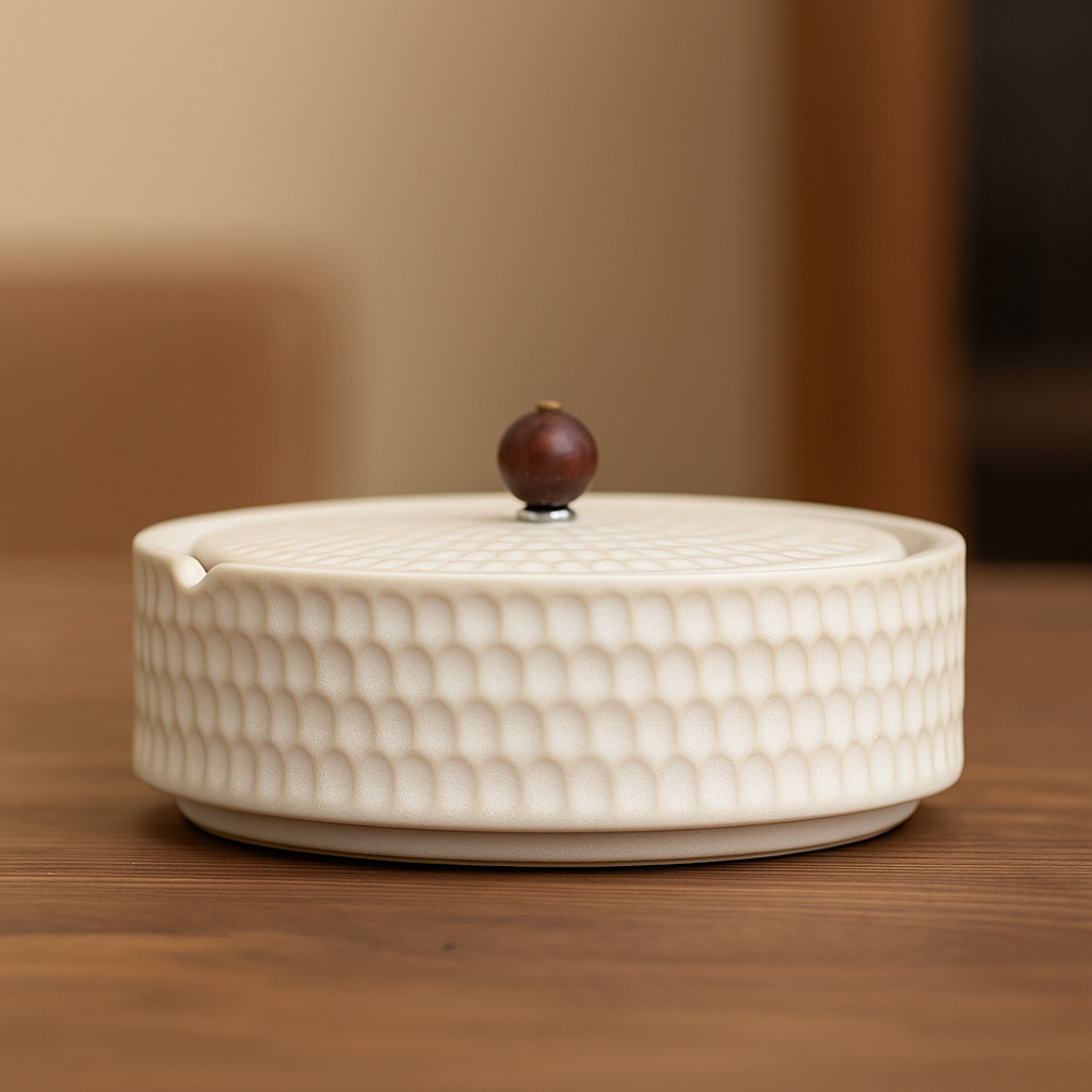 Handcrafted Ceramic Ashtray with Wooden Lid for Home and Patio-Decoration-Unique Casa-White-Unique Casa