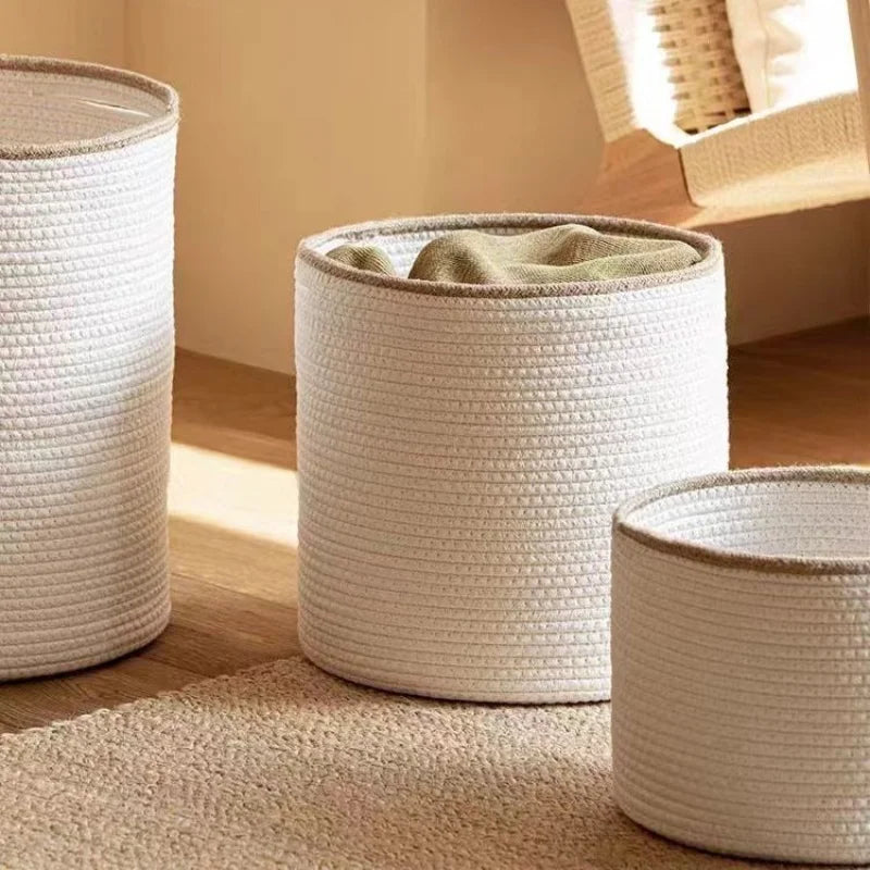 Handmade Round Woven Cotton Rope Basket with Beige Rim-Storage & Organisation-Unique Casa-Unique Casa
