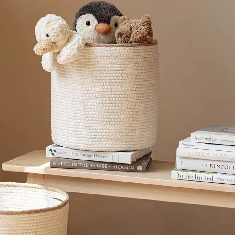 Handmade Round Woven Cotton Rope Basket with Beige Rim-Storage & Organisation-Unique Casa-Unique Casa