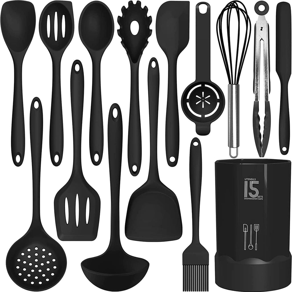 Heat Resistant Silicone Kitchen Utensil Set (15-Pieces)-Unique Casa-Black-Unique Casa
