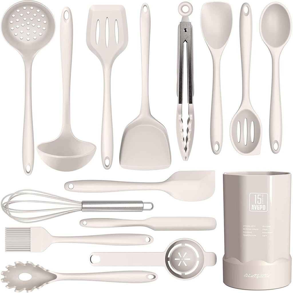 Heat Resistant Silicone Kitchen Utensil Set (15-Pieces)-Unique Casa-Khaki-Unique Casa