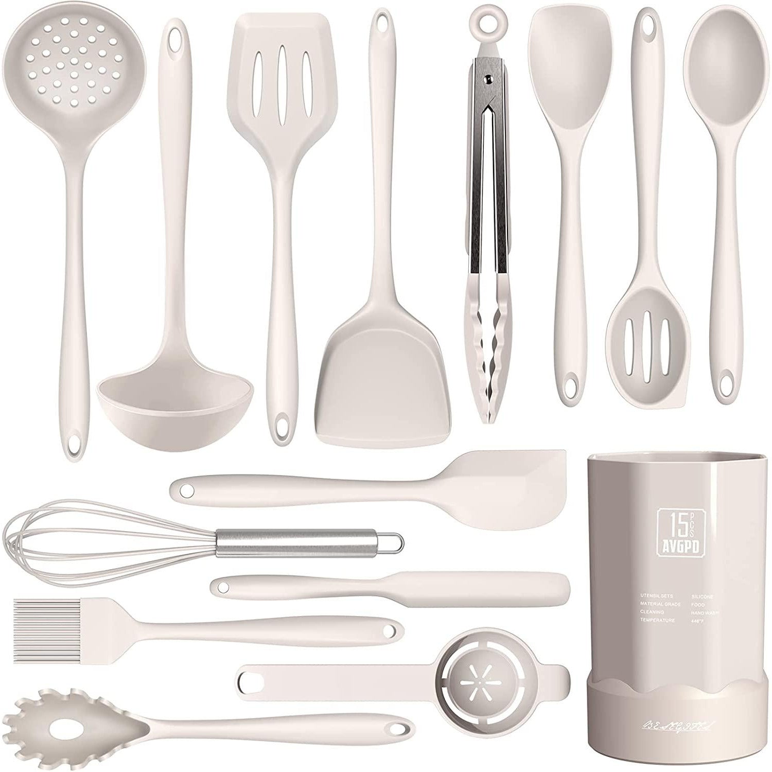 Heat Resistant Silicone Kitchen Utensil Set (15-Pieces)-Unique Casa-Khaki-Unique Casa