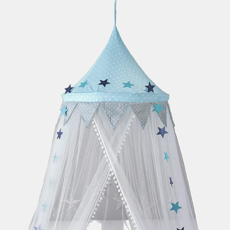 Kids Bed Canopy With Pom Pom Detail-Baby & Children-Unique Casa-Blue-Unique Casa