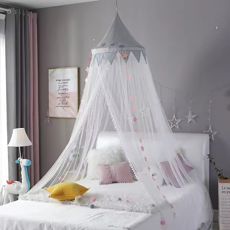 Kids Bed Canopy With Pom Pom Detail-Baby & Children-Unique Casa-Grey-Unique Casa