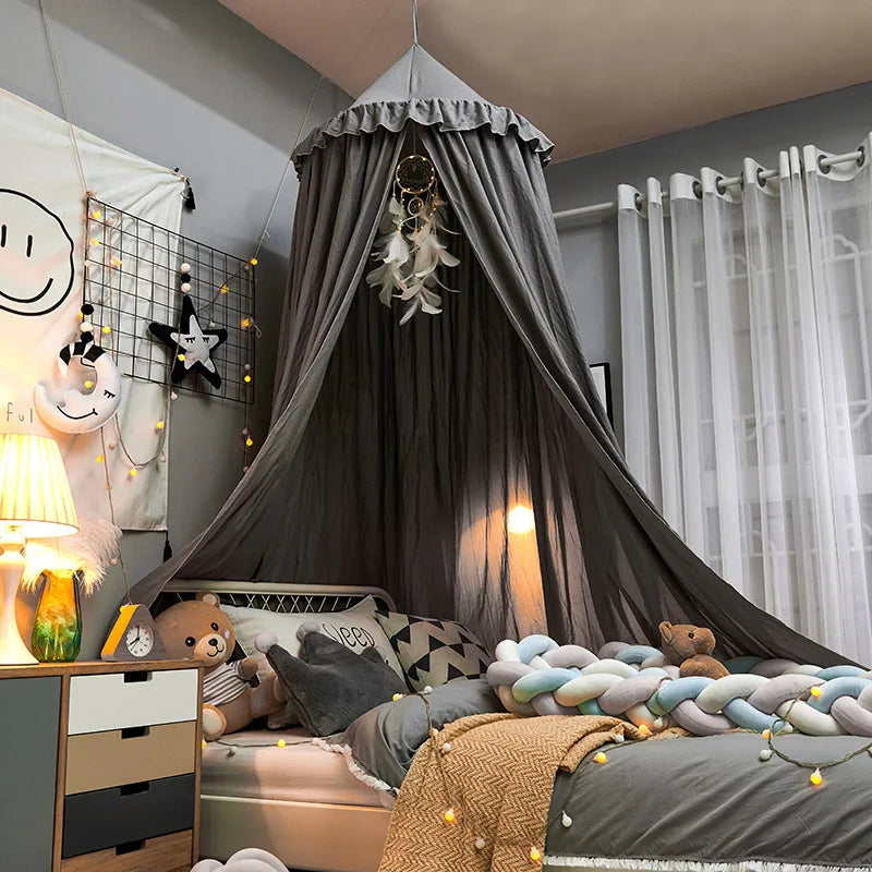 Kids Bed Canopy With Tassel & Frill Design-Baby & Children-Unique Casa-Grey with Ruffle-Unique Casa